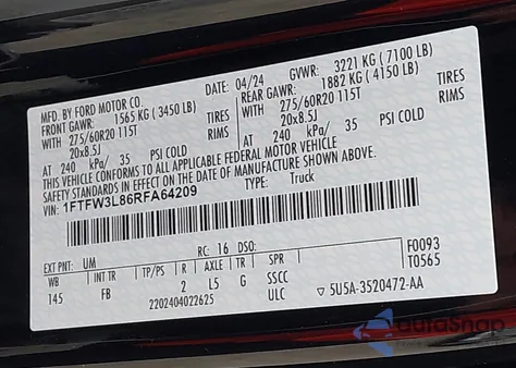 2024 Ford F-150 Xlt z USA, uszkodzony, nr VIN 1FTFW3L86RFA64209